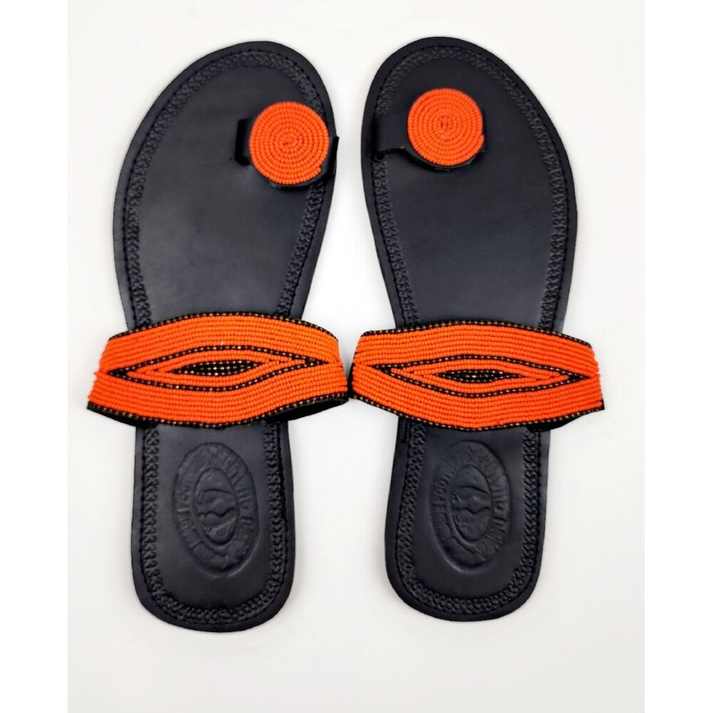 Handcrafted Maasai Leather Sandals With Orange Beaded Straps Size 42